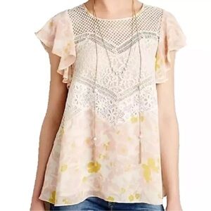 Anthropologie (HD in Paris ) | Flores Flutter Sleeve Lace Detail Blouse | Size 8